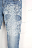 Blue Skinny Jeans With Laser Engraver Skeleton Printing