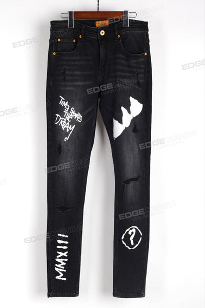Black Faded Denim Skinny Fit with Screen Printed