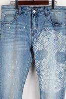 Blue Skinny Jeans With Laser Engraver Skeleton Printing