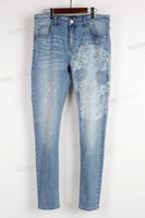 Blue Skinny Jeans With Laser Engraver Skeleton Printing