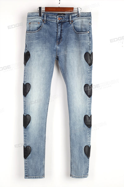 Blue Denim Skinny Fit- Side Heart Shape Leather Patches